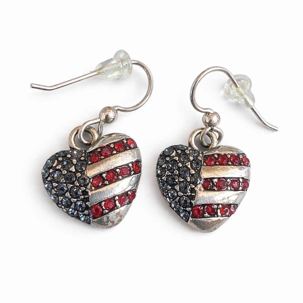 Patriotic American Flag Heart Rhinestone Dangle Earrings Red Blue Silver